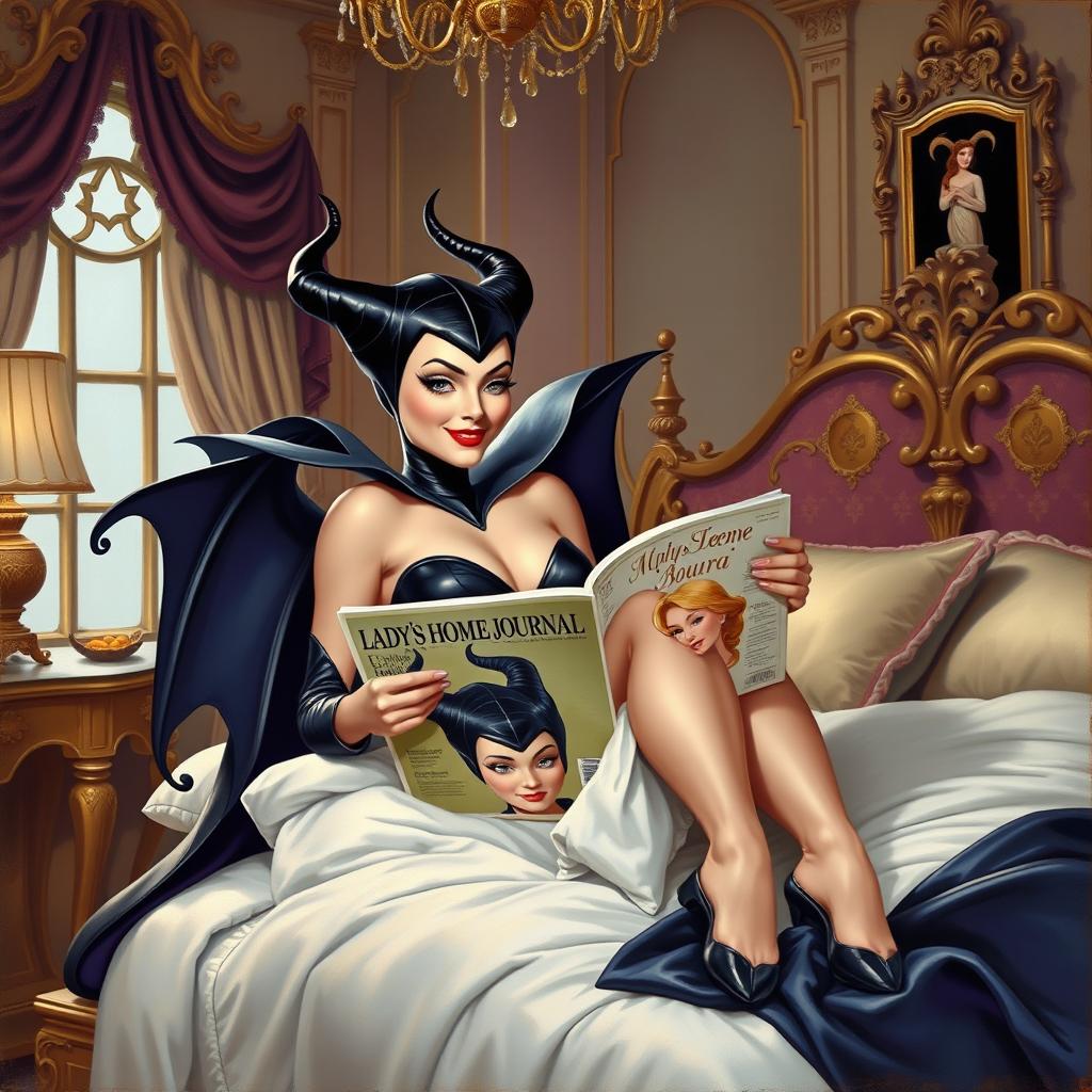 A beautiful pinup painting of Maleficent in her human form, sitting elegantly on her bed with her legs tucked under the blankets in her opulent castle bedroom