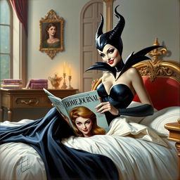 A beautiful pinup painting of Maleficent in her human form, sitting elegantly on her bed with her legs tucked under the blankets in her opulent castle bedroom