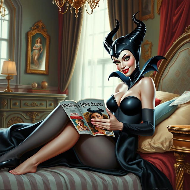 A beautiful pinup painting of Maleficent in her human form, sitting elegantly on her bed with her legs tucked under the blankets in her opulent castle bedroom