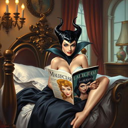 A beautiful pinup painting of Maleficent in her human form, sitting elegantly on her bed with her legs tucked under the blankets in her opulent castle bedroom