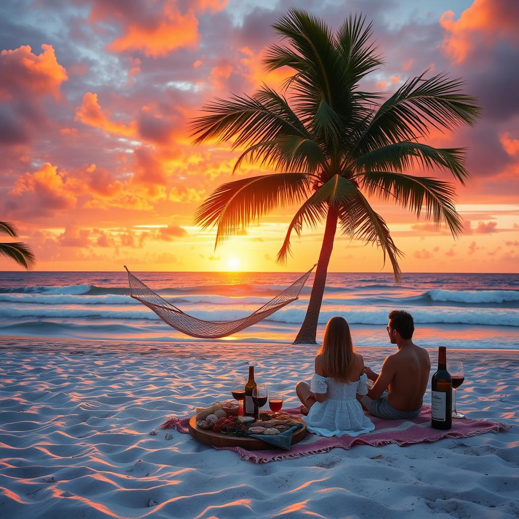 A serene beach at sunset with palm trees swaying gently in the breeze