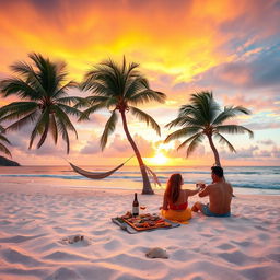 A serene beach at sunset with palm trees swaying gently in the breeze