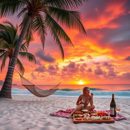 A serene beach at sunset with palm trees swaying gently in the breeze