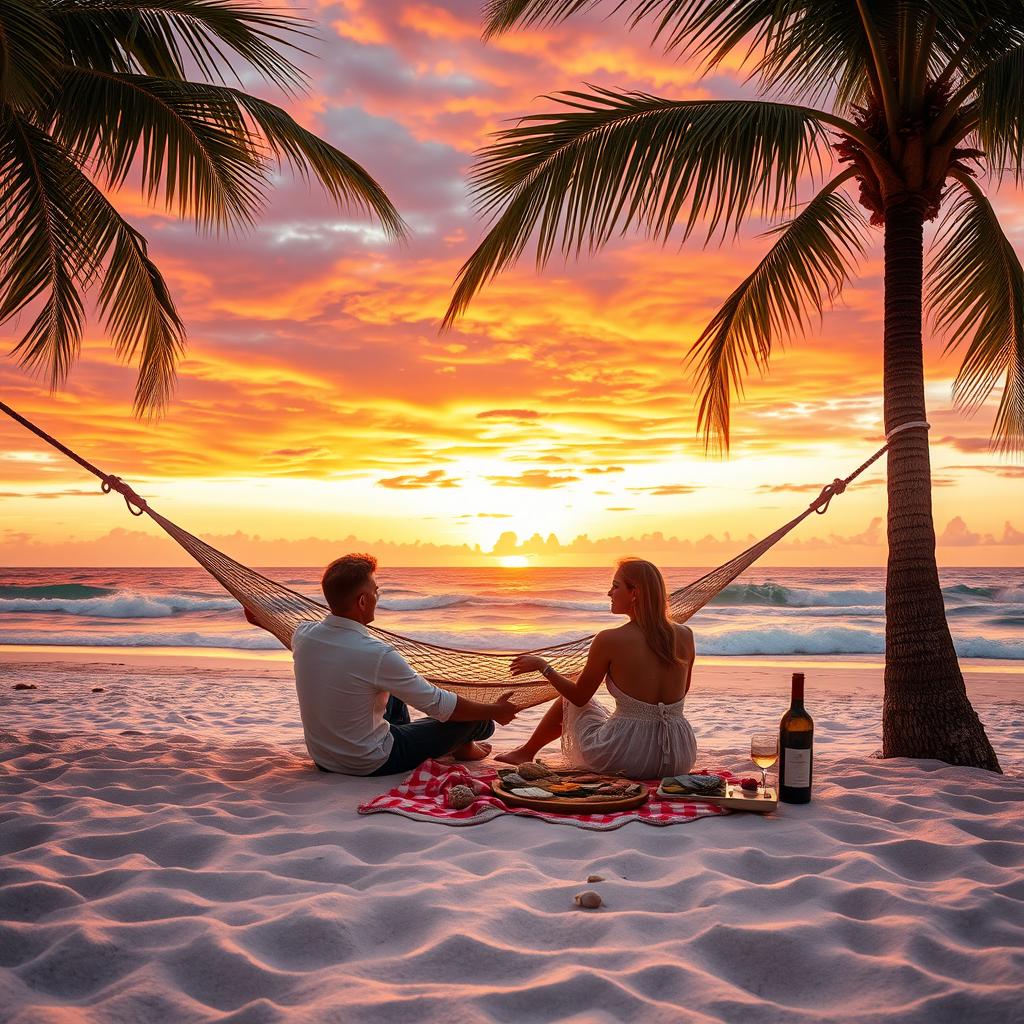 A serene beach at sunset with palm trees swaying gently in the breeze