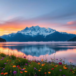 A majestic mountain landscape at sunrise, where the first light of the day gently touches the snow-capped peaks