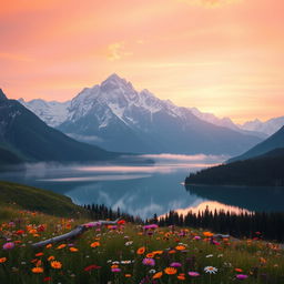 A majestic mountain landscape at sunrise, where the first light of the day gently touches the snow-capped peaks