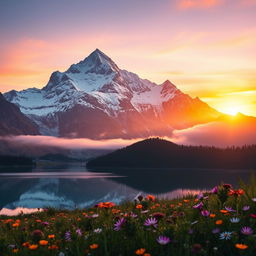 A majestic mountain landscape at sunrise, where the first light of the day gently touches the snow-capped peaks