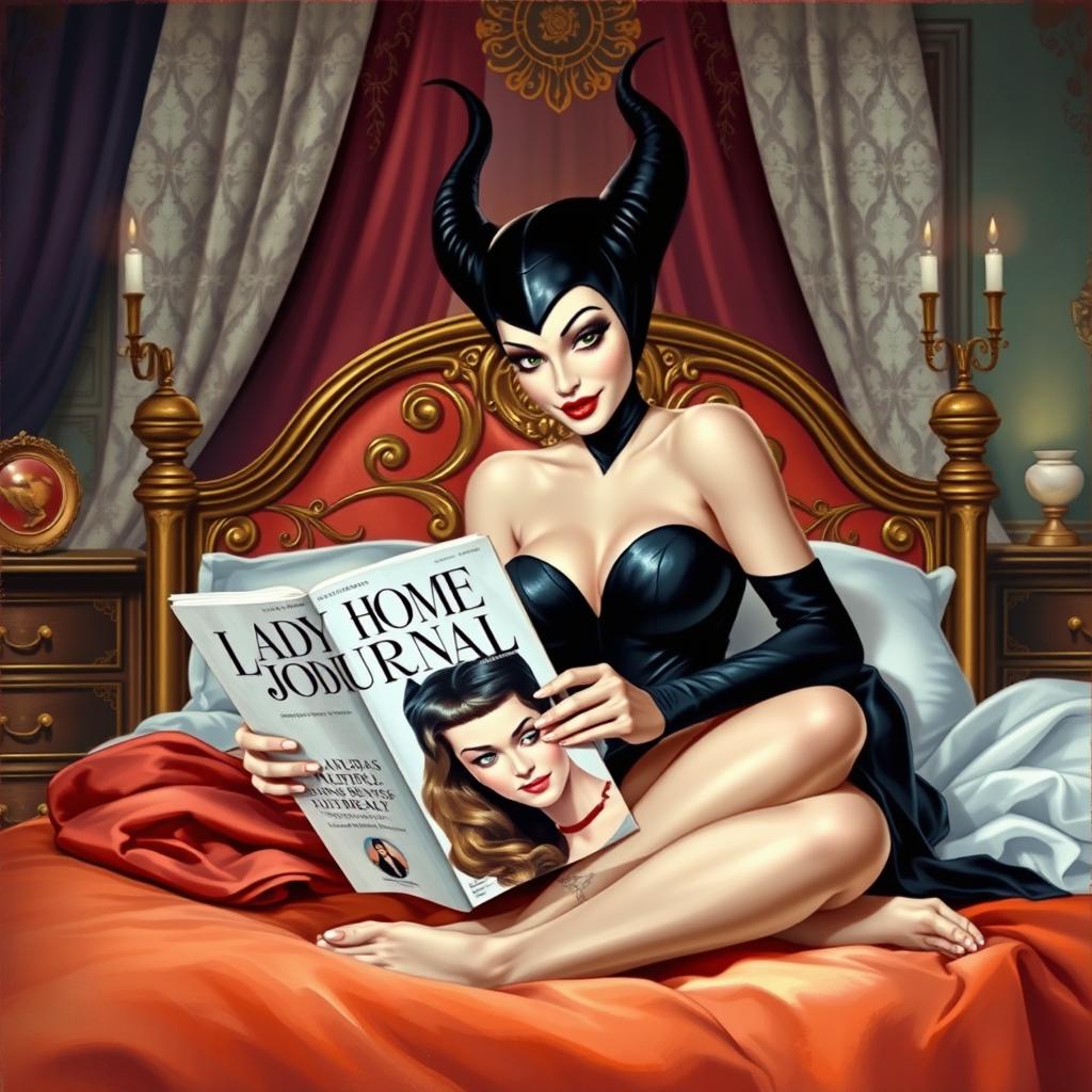 A beautiful pinup painting of Maleficent in her human form, sitting gracefully on her bed with her legs under the blankets in her lavish castle bedroom