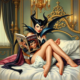 A beautiful pinup painting of Maleficent in her human form, sitting gracefully on her bed with her legs under the blankets in her lavish castle bedroom