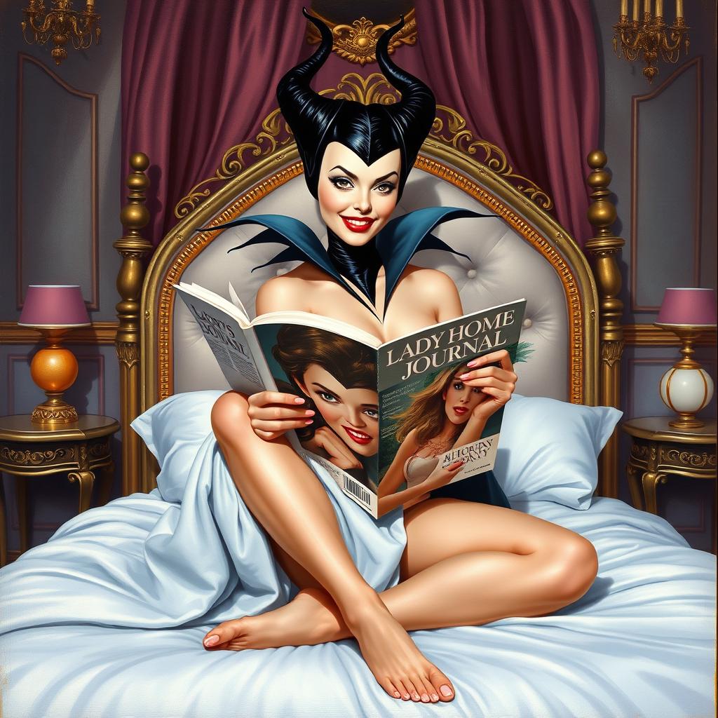 A beautiful pinup painting of Maleficent in her human form, sitting gracefully on her bed with her legs under the blankets in her lavish castle bedroom