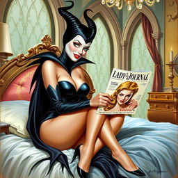 A beautiful pinup painting of Maleficent in her human form, sitting gracefully on her bed with her legs under the blankets in her lavish castle bedroom