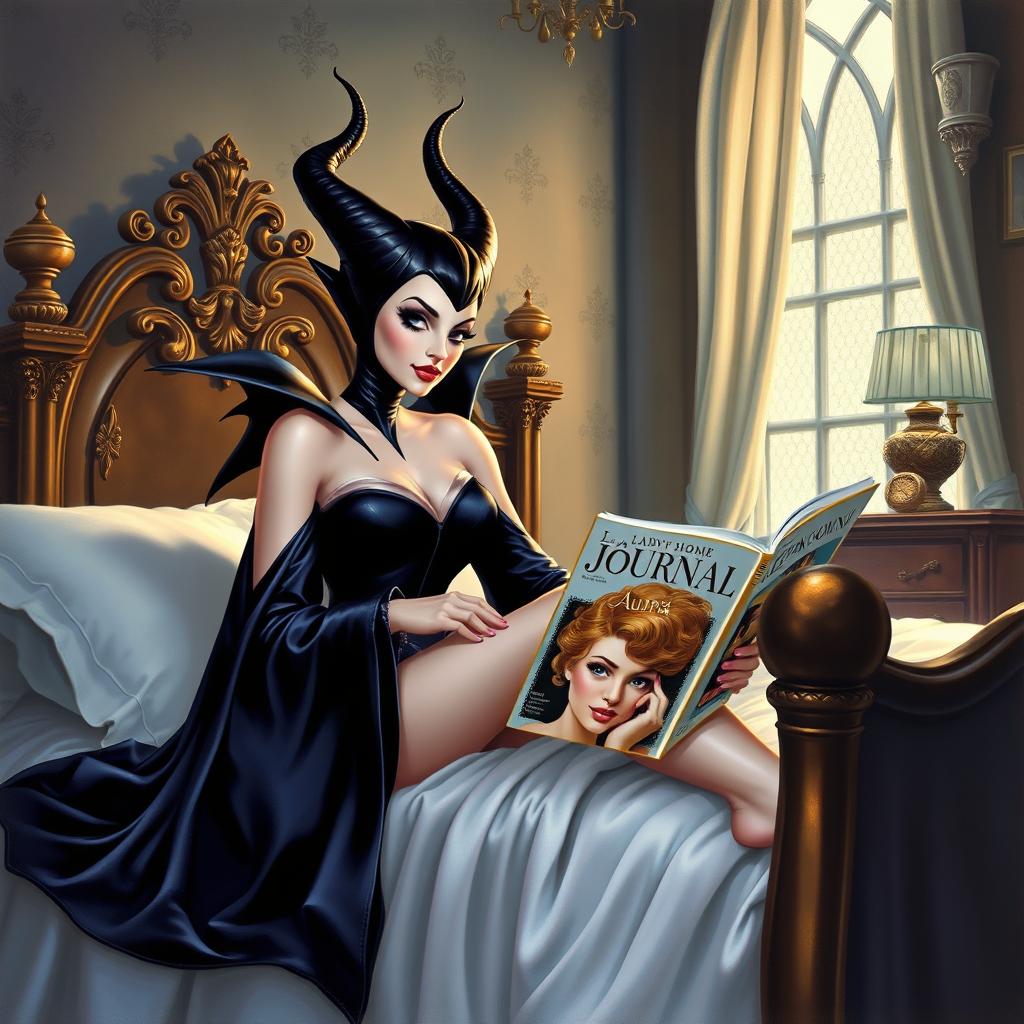 A beautiful pinup painting of Maleficent in her human form, sitting elegantly on her bed with her legs tucked under the blankets in her luxurious castle bedroom