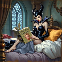 A beautiful pinup painting of Maleficent in her human form, sitting elegantly on her bed with her legs tucked under the blankets in her luxurious castle bedroom