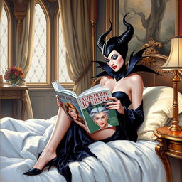 A beautiful pinup painting of Maleficent in her human form, sitting elegantly on her bed with her legs tucked under the blankets in her luxurious castle bedroom