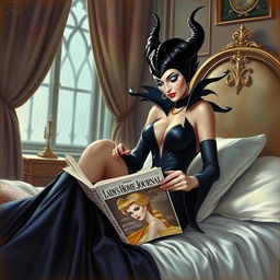 A beautiful pinup painting of Maleficent in her human form, sitting elegantly on her bed with her legs tucked under the blankets in her luxurious castle bedroom