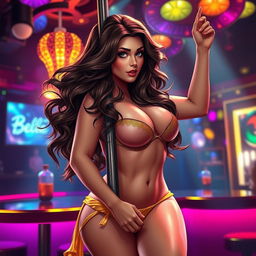 A sensual depiction of a voluptuous woman inspired by Belle from Disney, performing as a pole dancer in a vibrant, lively nightclub setting