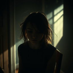 In a dimly lit room, create a tense scene featuring a girl with her hair messy and disheveled