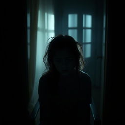 In a dimly lit room, create a tense scene featuring a girl with her hair messy and disheveled