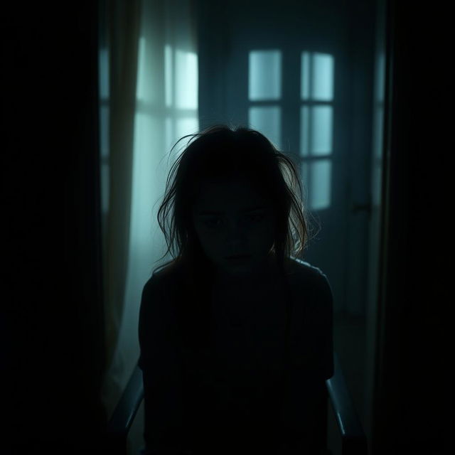 In a dimly lit room, create a tense scene featuring a girl with her hair messy and disheveled