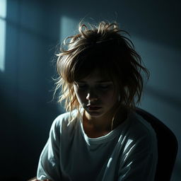 In a dimly lit room, create a tense scene featuring a girl with her hair messy and disheveled