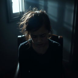 In a dimly lit room, create a tense scene featuring a girl with her hair messy and disheveled