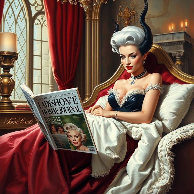 A beautiful pinup painting of Cruella De Vil, elegantly sitting in her lavish bedroom within her castle, with her legs tucked under the blankets