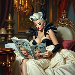 A beautiful pinup painting of Cruella De Vil, elegantly sitting in her lavish bedroom within her castle, with her legs tucked under the blankets