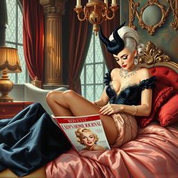 A beautiful pinup painting of Cruella De Vil, elegantly sitting in her lavish bedroom within her castle, with her legs tucked under the blankets