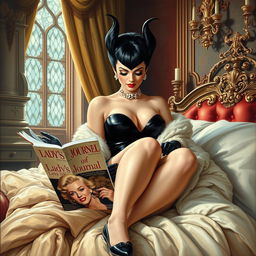 A beautiful pinup painting of Cruella De Vil, elegantly sitting in her lavish bedroom within her castle, with her legs tucked under the blankets