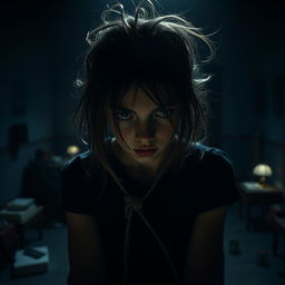 In a dimly lit room, depict a full shot of a girl tied to a chair with her hair messy and disheveled