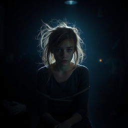 In a dimly lit room, depict a full shot of a girl tied to a chair with her hair messy and disheveled