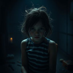 In a dimly lit room, depict a full shot of a girl tied to a chair with her hair messy and disheveled