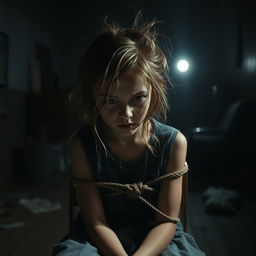 In a dimly lit room, depict a full shot of a girl tied to a chair with her hair messy and disheveled