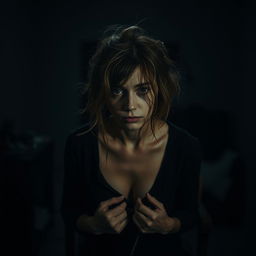 In a dimly lit room, depict a full shot of a woman in her 30s tied to a chair with her hair messy and disheveled