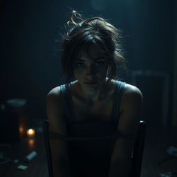 In a dimly lit room, depict a full shot of a woman in her 30s tied to a chair with her hair messy and disheveled