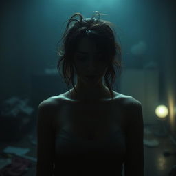 In a dimly lit room, depict a full shot of a woman in her 30s tied to a chair with her hair messy and disheveled