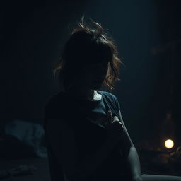 In a dimly lit room, depict a full shot of a woman in her 30s tied to a chair with her hair messy and disheveled