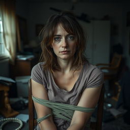 In a room, present a full shot of a woman in her 30s tied to a chair, with her hair messy and a somber expression