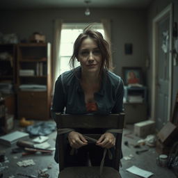 In a room, present a full shot of a woman in her 30s tied to a chair, with her hair messy and a somber expression