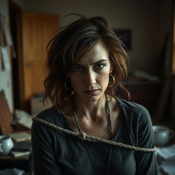 In a room, present a full shot of a woman in her 30s tied to a chair, with her hair messy and a somber expression