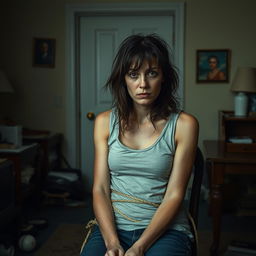 In a room, present a full shot of a woman in her 30s tied to a chair, with her hair messy and a somber expression