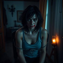 In a room with a haunting and scary ambiance, create a full shot of a woman in her 30s tied to a chair, her hair messy and face streaked with blood