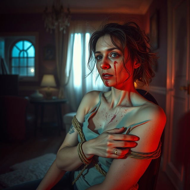 In a room with a haunting and scary ambiance, create a full shot of a woman in her 30s tied to a chair, her hair messy and face streaked with blood