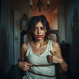 In a room with a haunting and scary ambiance, create a full shot of a woman in her 30s tied to a chair, her hair messy and face streaked with blood