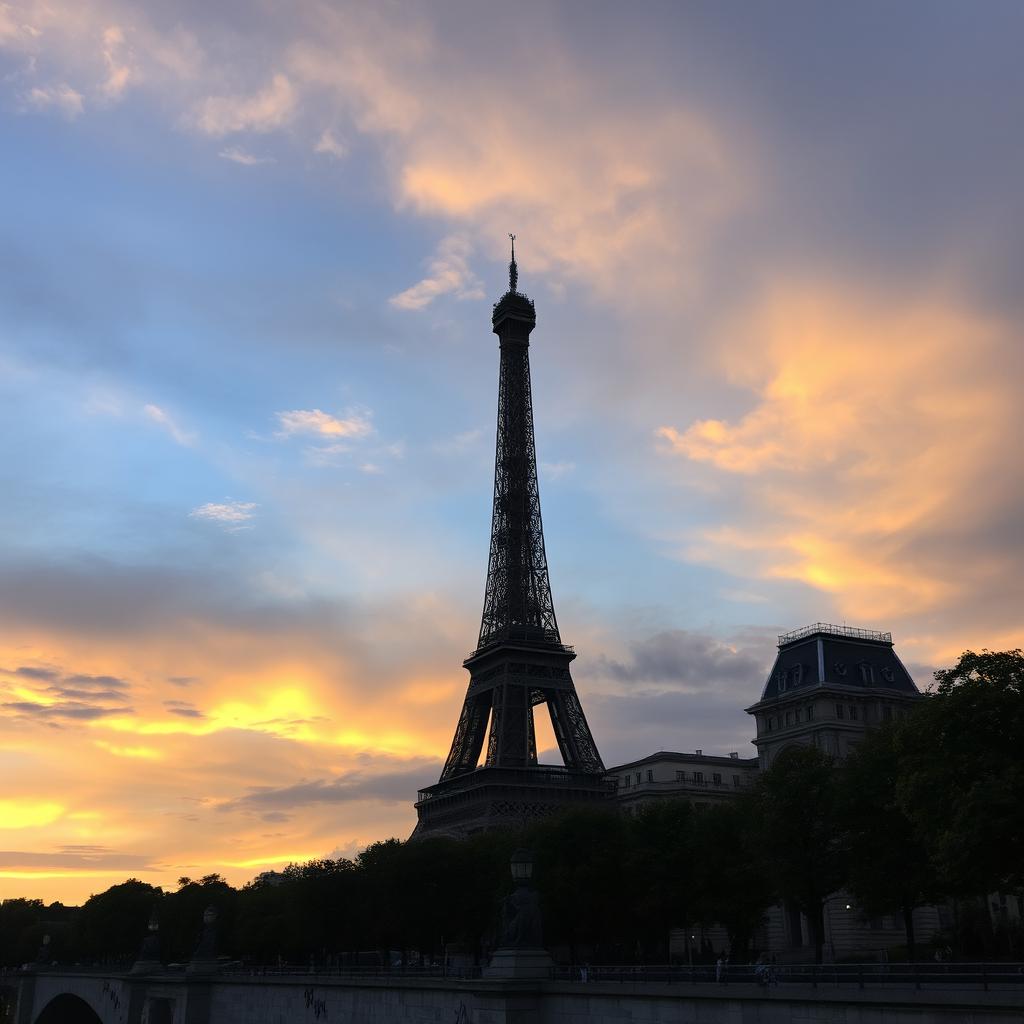 Monuments of Paris at sunset with a dramatic sky