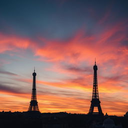 Monuments of Paris at sunset with a dramatic sky