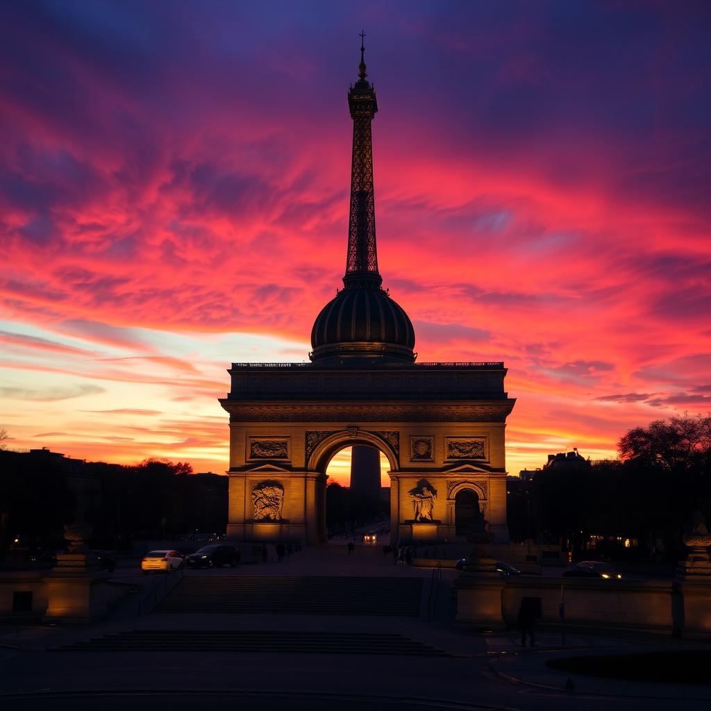 Monuments of Paris at sunset with a dramatic sky