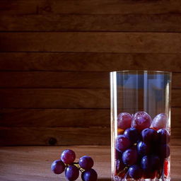 A clear glass filled with grape juice placed beside a beautiful design made from fresh purple grapes, all against a rustic wooden backdrop.