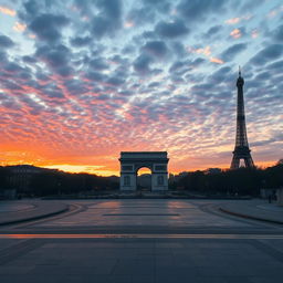 Monuments of Paris at sunset with a dramatic sky