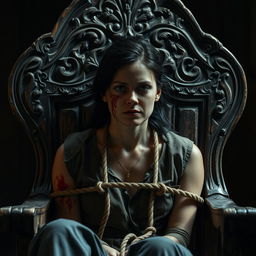 An old wooden chair with intricate carvings, where a woman in her 30s is sitting tied to the chair with ropes